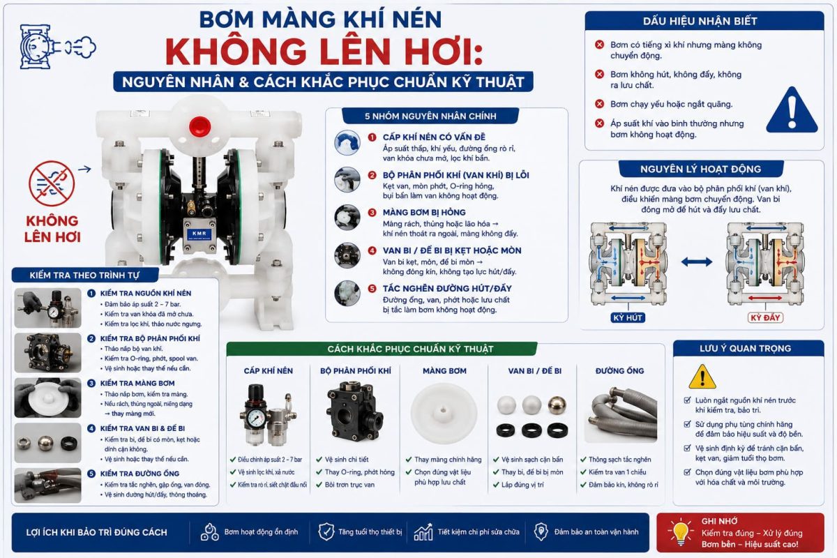 Bơm Màng Khí Nén Không Lên Hơi: Nguyên Nhân & Cách Khắc Phục Chuẩn Kỹ Thuật