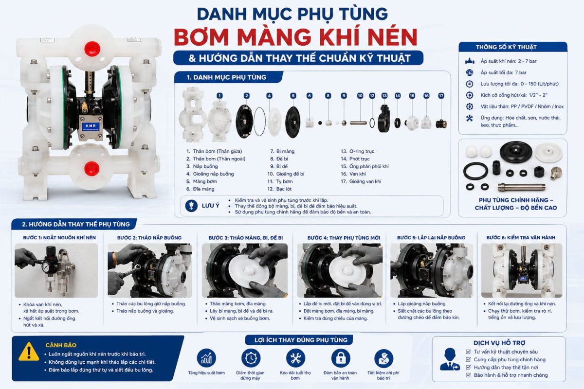 Danh Mục Phụ Tùng Bơm Màng Khí Nén & Hướng Dẫn Thay Thế Chuẩn Kỹ Thuật