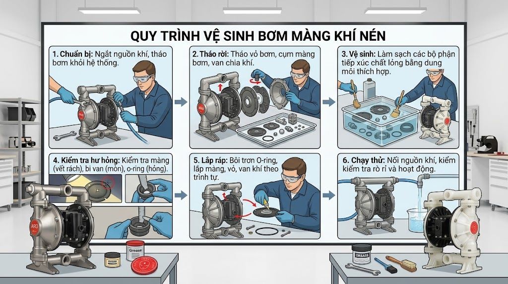 vệ sinh và sục rửa bơm màng khí nén