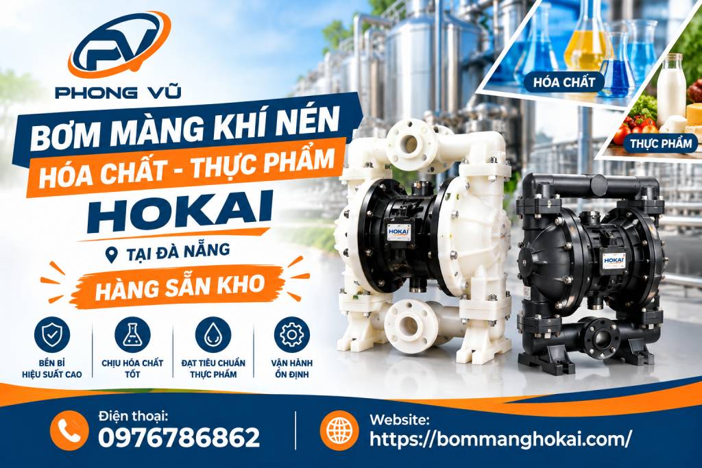 Bơm màng khí nén hóa chất thực phẩm Hokai tại Đà Nẵng