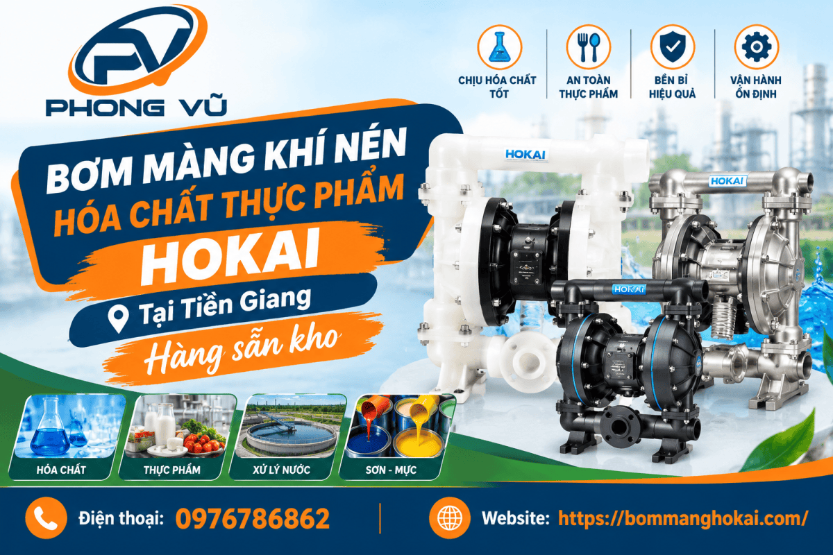 Bơm màng khí nén hóa chất thực phẩm Hokai tại Tiền Giang